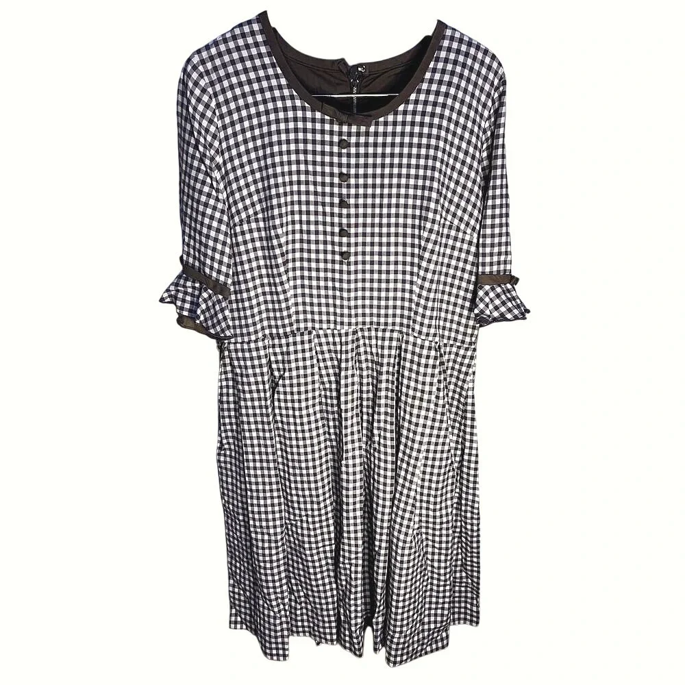 Vintage 60s 70s Brown Gingham Scoopneck Ruffle Button Midi‎ Dress